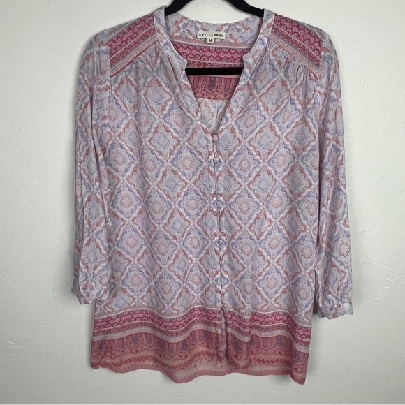 Artisan NY boho button pink tunic blouse medium - Picture 1 of 10